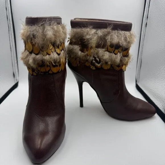 Bebe Vintage Brown Leather Feather-Trimmed Stiletto Boots – Size 6 Used - Picture 1 of 7